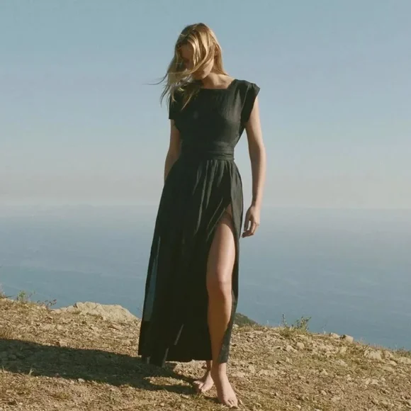 Doen Pacifica linen Wrap Sleeveless Black Midi dress - Picture 2 of 10